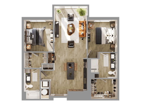 a 3d rendering of a floor plan of a house at Bemiston Place Apartments, Clayton, MO